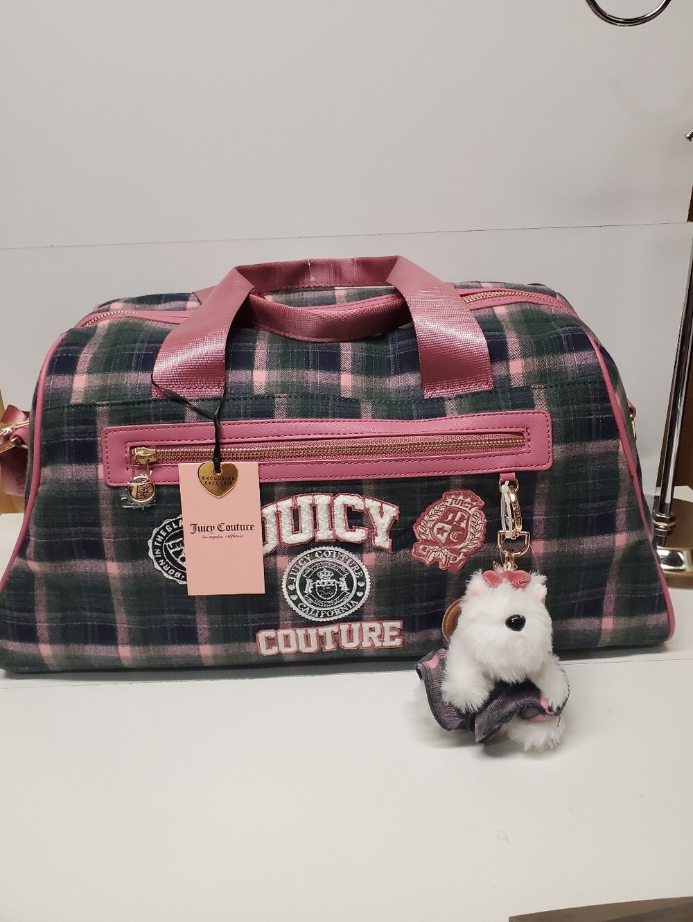 Juicy Couture Varsity Pink and Green Plaid Weekender Travel Duffel Bagwith Charm